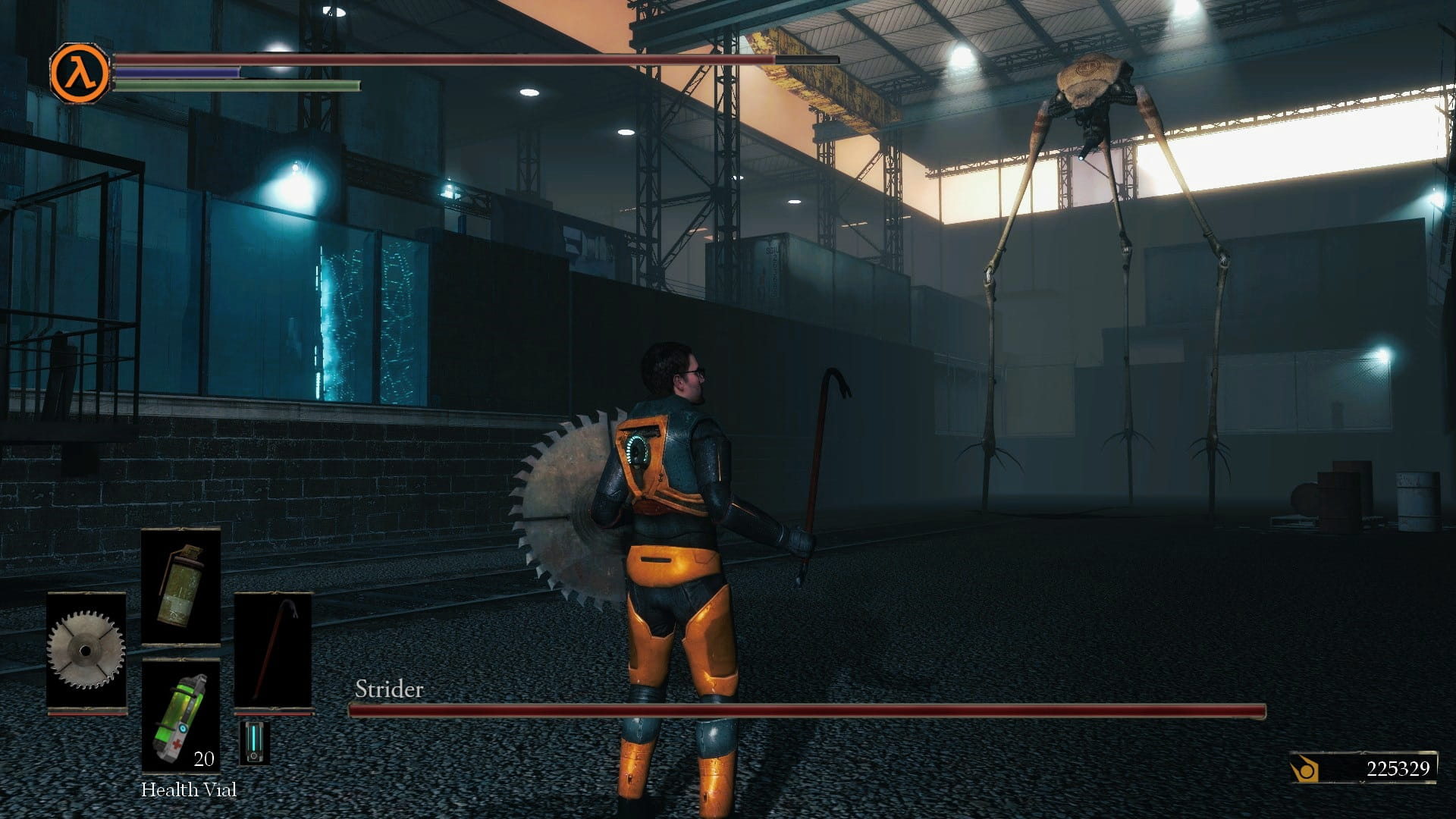 Gordon Freeman is equipped with a crowbar and a sawblade as a shield, facing down a Combine Strider with Dark Souls UI elements to replicate Dark Souls boss fight gameplay