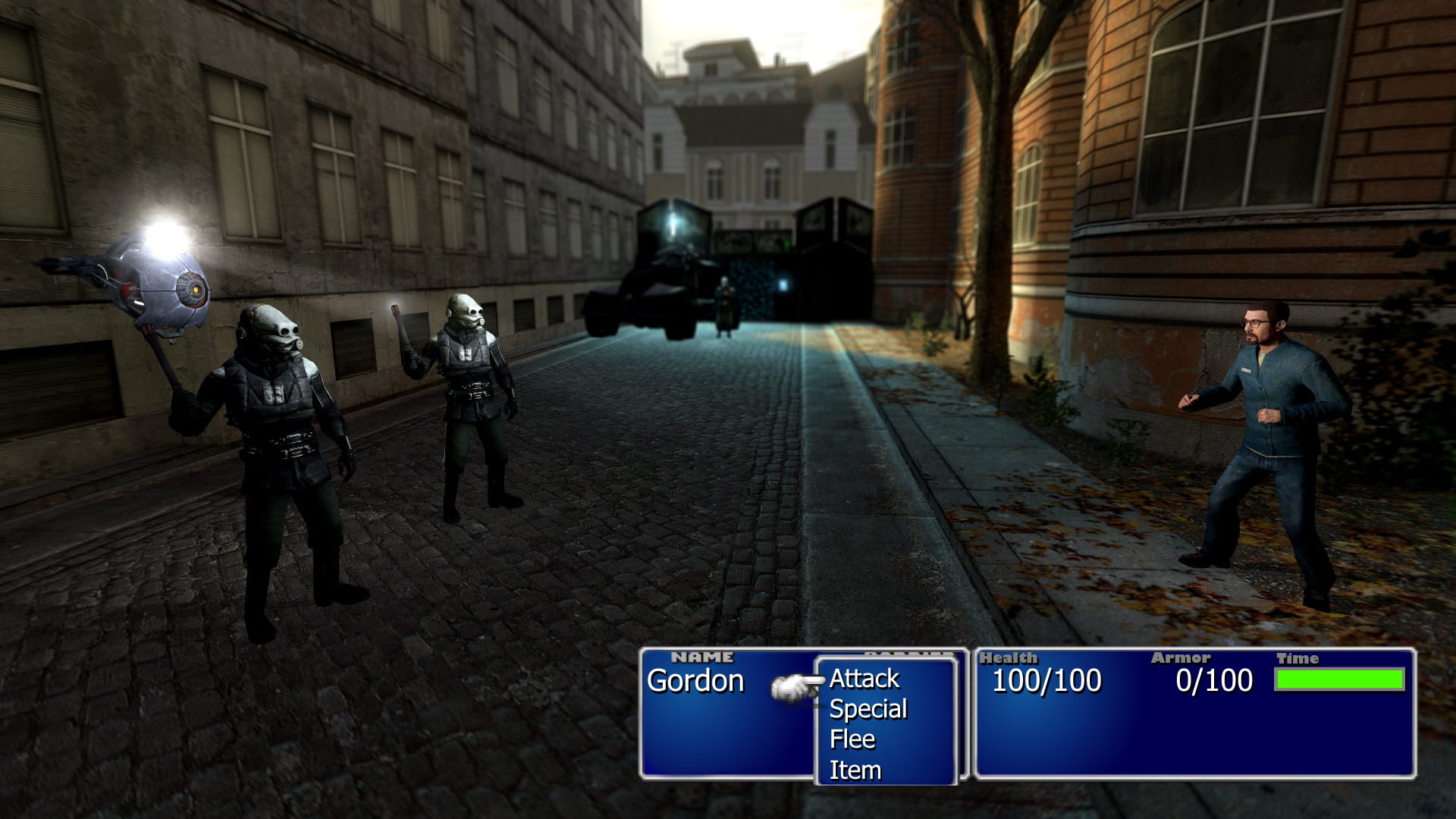 Gordon Freeman battles Combine street forces in a scene replicating Final Fantasy battle gameplay