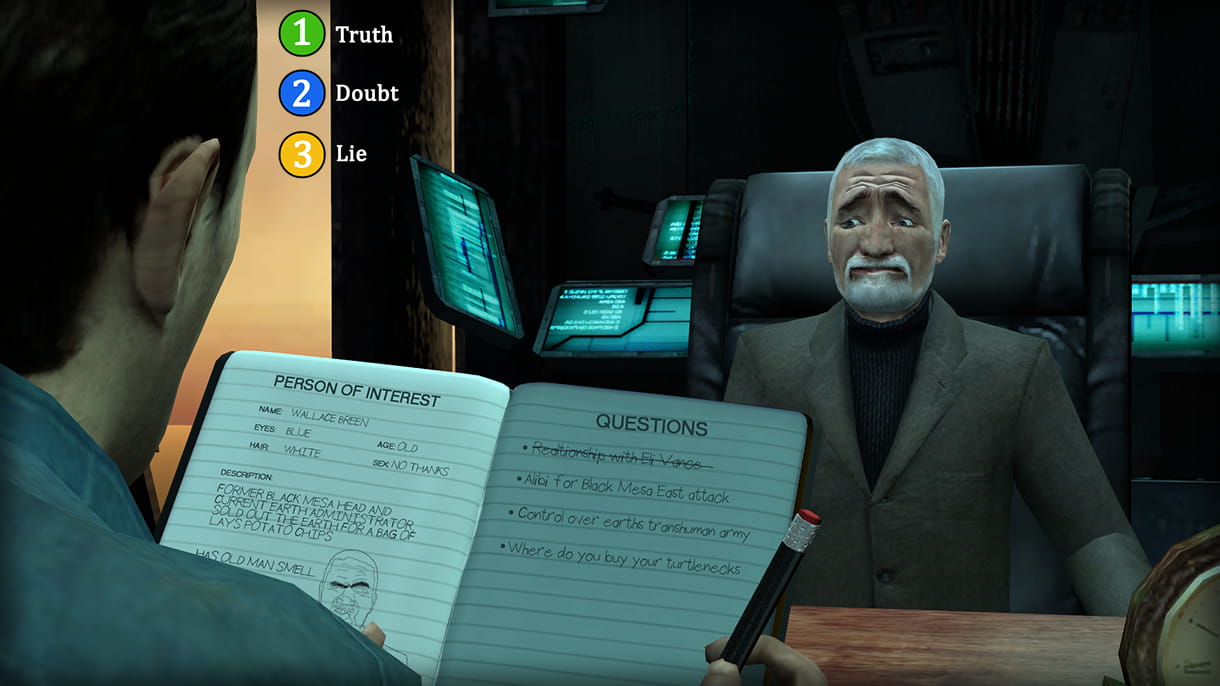 A man holding a notebook with various notes and sketches interviews Breen with an exaggerated facial expression replicating LA Noire gameplay