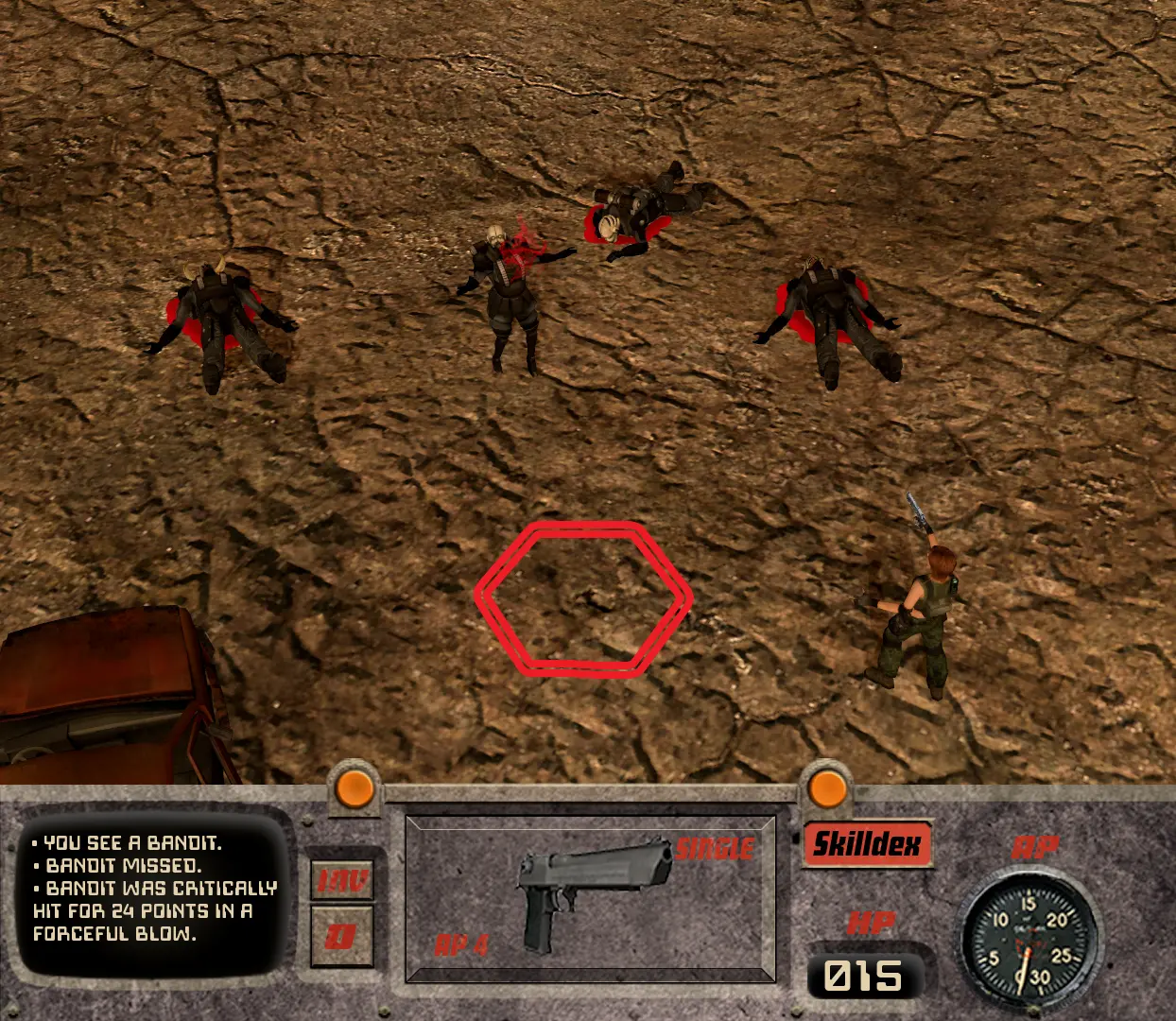 Four bandits like dead in front of a wasteland survivor in an isometric view and UI replicating Fallout 1 gameplay