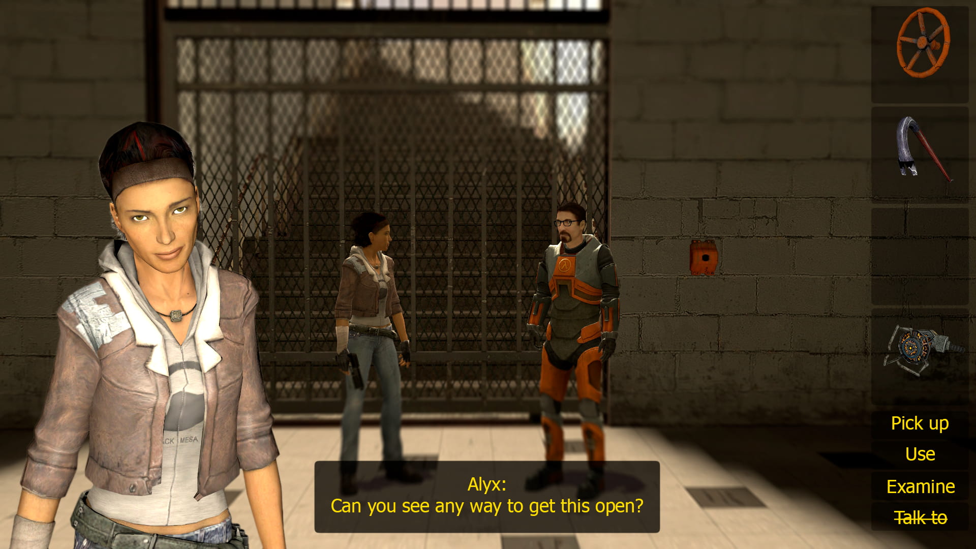 The background of the image shows Alyx and Gordon in front of a gate requiring a wheel to open. The foreground has a profile picture of Alyx, her speech text, an inventory UI, and action options to replicate old point-and-click adventure games