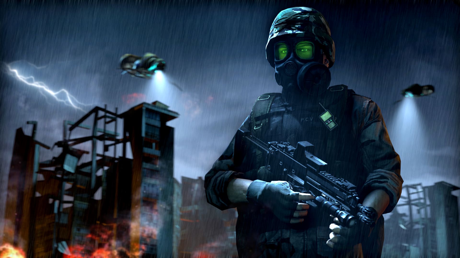 Corporal Adrian Shephard stands in front of City 17 ruins as two Combine gunships fly over the sky during a thunderstorm.