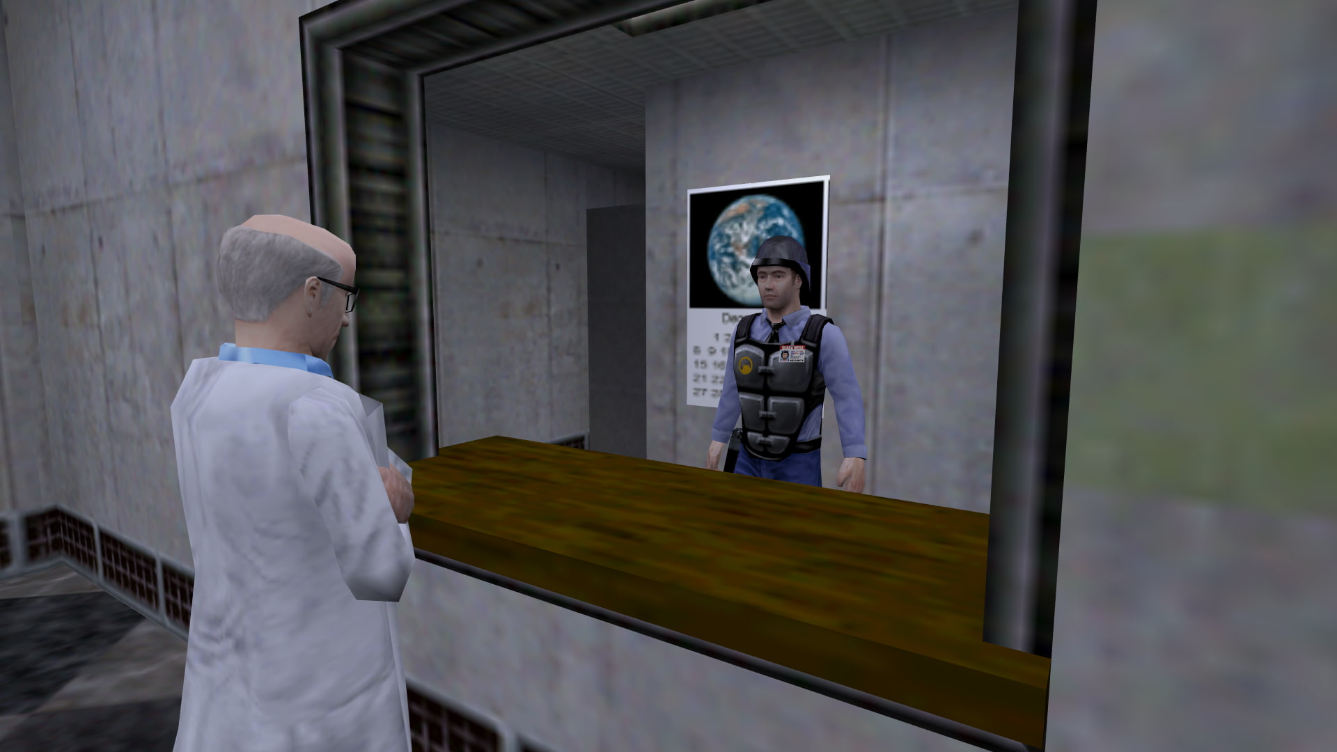 A screenshot from Half-Life: Blue Shift. A scientist and a security guard talk, showcasing the new models with higher polygon counts.