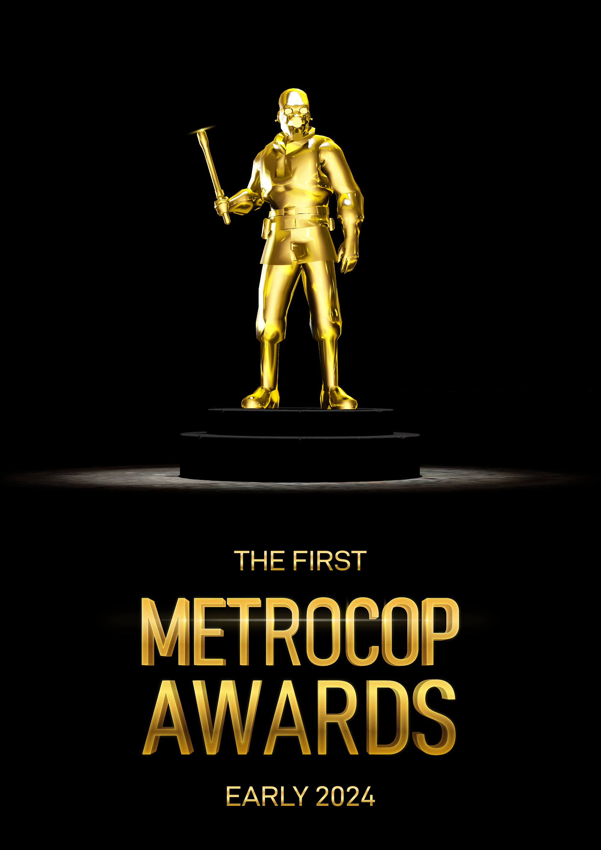 Poster for the first Metrocop Awards, featuring a golden award in the shape of a Combine Civil Protection officer from Half-Life 2 holding a stun stick, with a reference to the date early 2024.