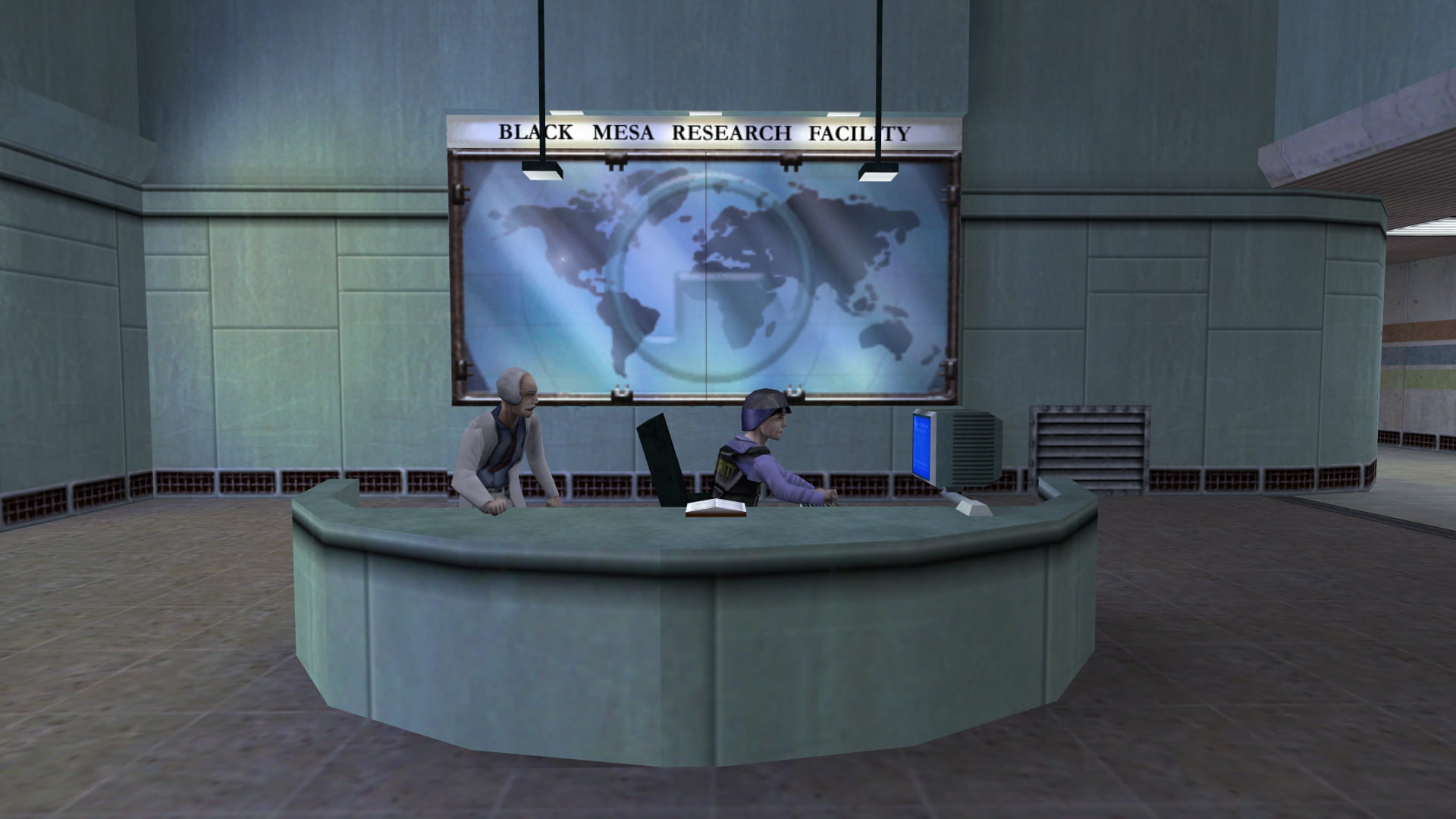 A screenshot of Half-Life. In the lobby of the Black Mesa Research Facility's Anomalous Materials sector, a security guard types on a keyboard and stares at a blue screen while a scientist watches.