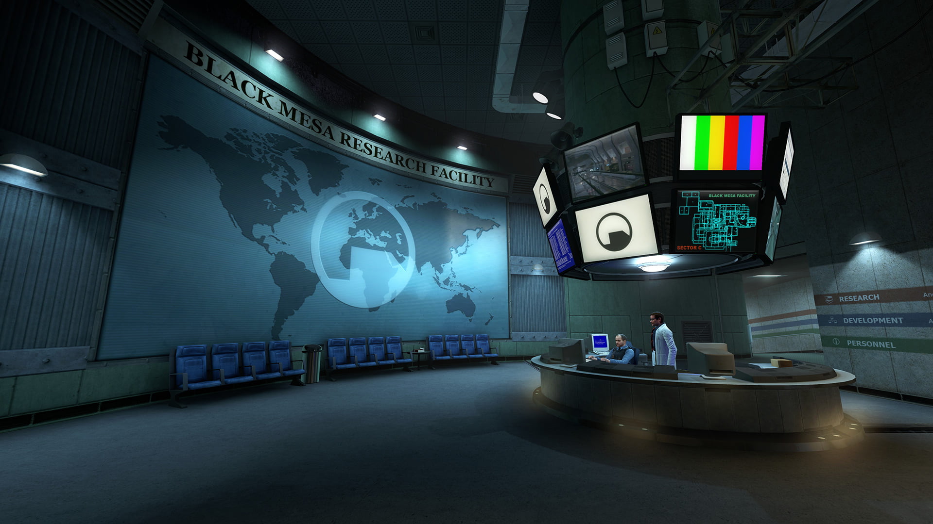 A screenshot of Black Mesa. In the lobby of the Black Mesa Research Facility's Anomalous Materials sector, a security guard types on a keyboard and stares at a screen while a scientist watches, but everything looks much better.