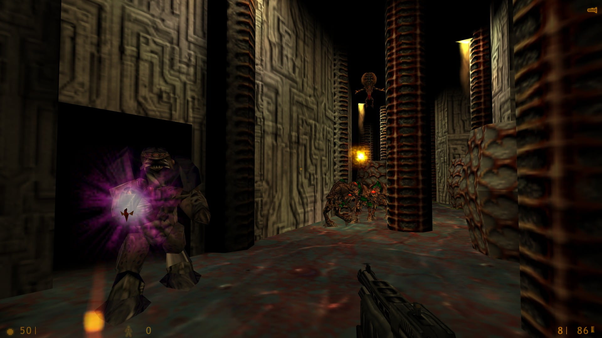 A screenshot of Half-Life. At an extraterrestrial corridor, an alien grunt fires at the player while a group of alien slaves convenes nearby and an alien controller flies over them.