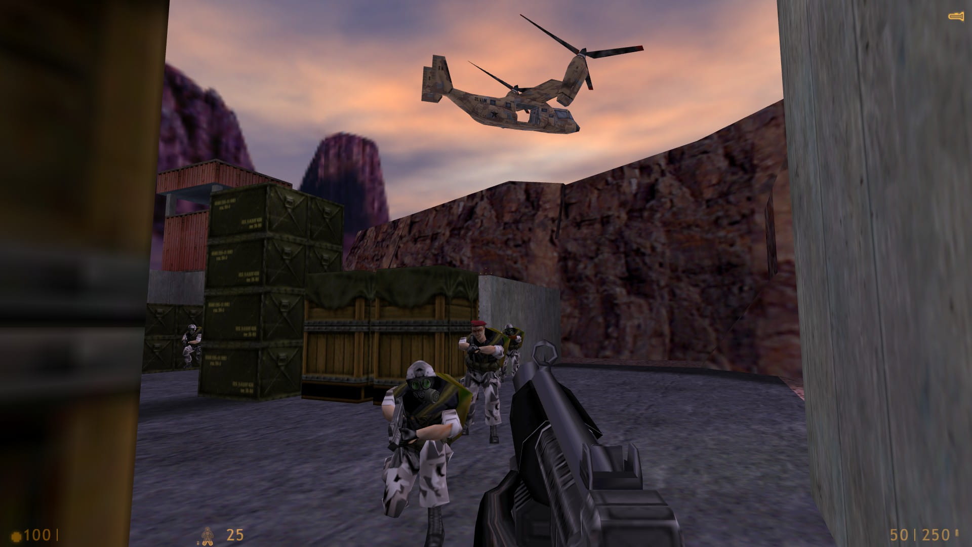 A screenshot of Half-Life. On the surface of Black Mesa, a squad of Marines aims at the player while an Osprey aircraft flies by overhead.