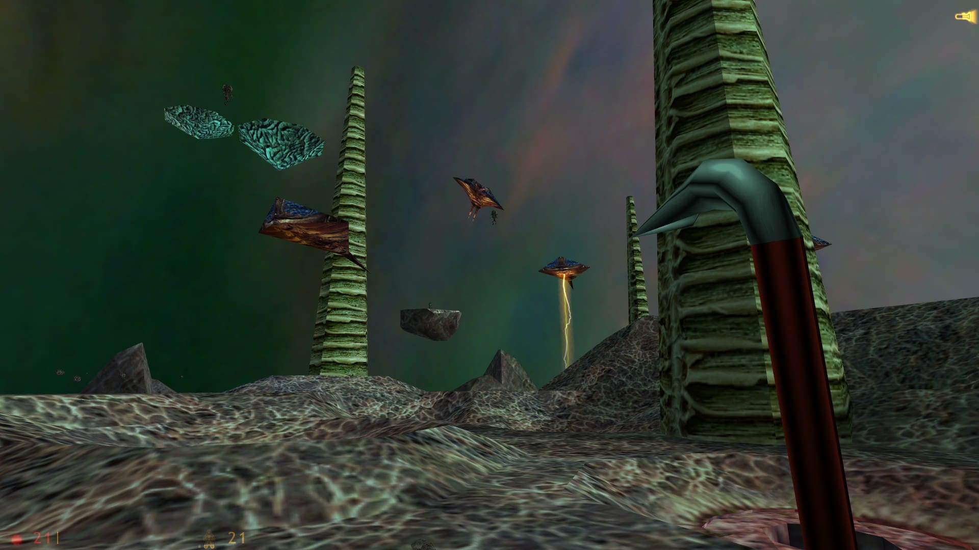 A screenshot of Half-Life. Standing on a rocky planetoid with a vast green and pink sky above, the player is confronted by alien controllers and ships.