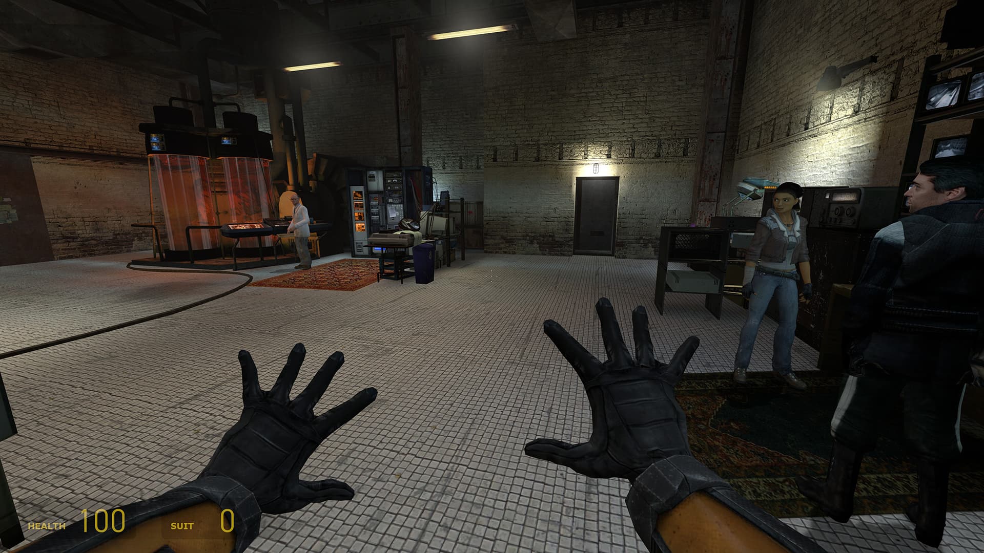 A screenshot from Half-Life 2. Gordon Freeman checks out his new gloves at Doctor Isaac Kleiner's lab as Alyx Vance, Barney Calhoun and Doctor Kleiner stand nearby.