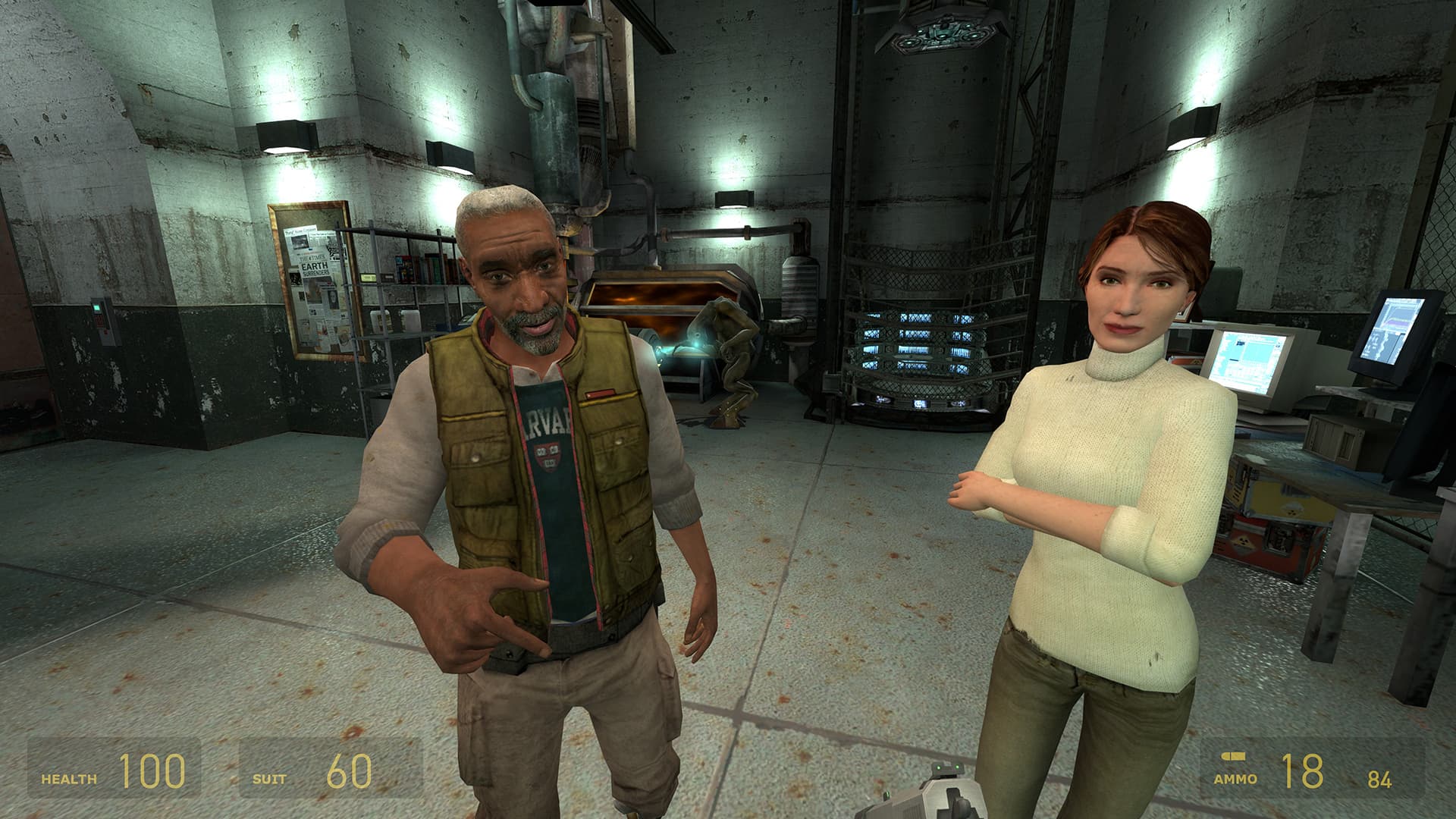 A screenshot from Half-Life 2. Doctors Eli Vance and Judith Mossman talk with the player in the laboratory of Black Mesa East.