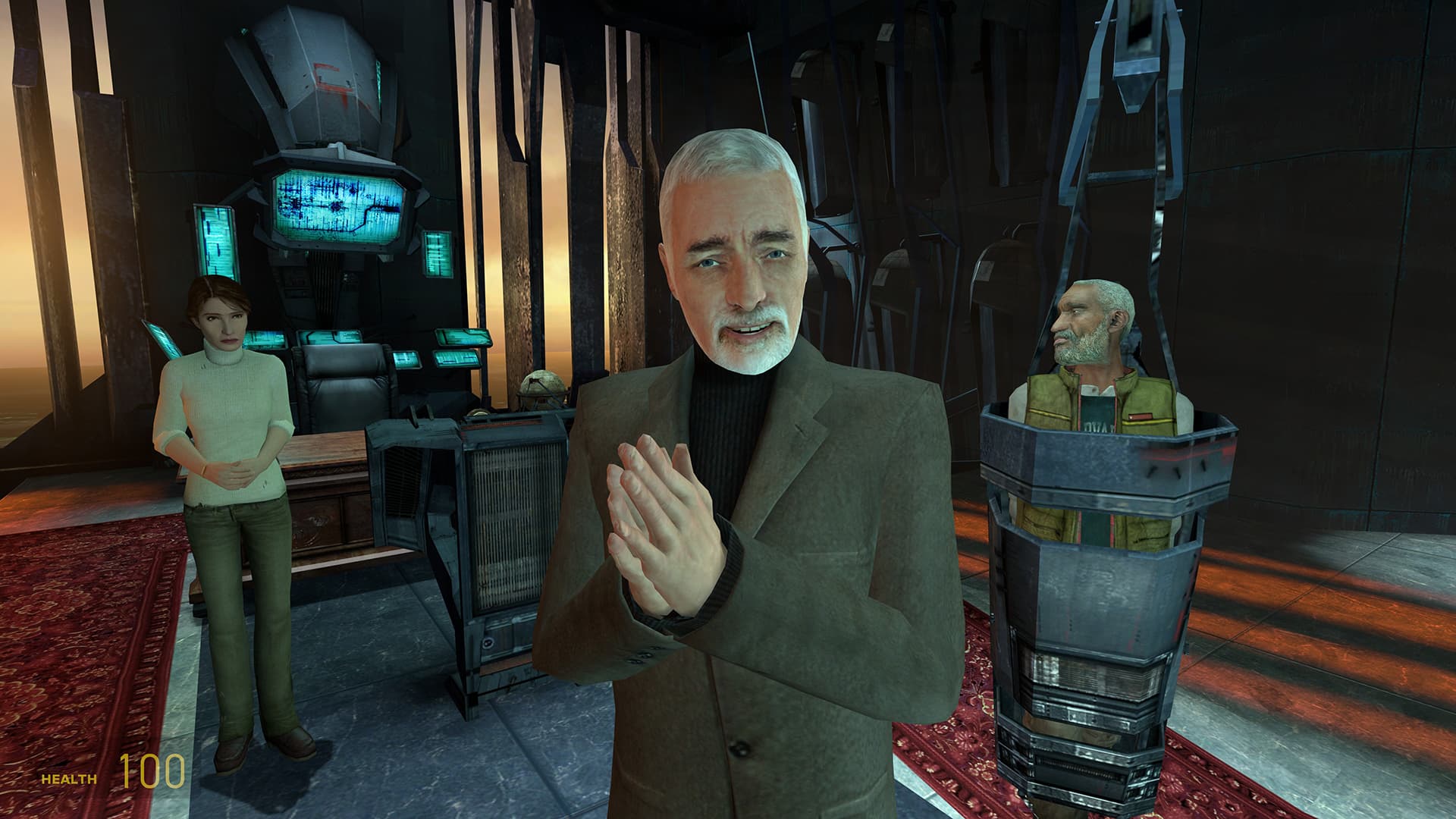 A screenshot from Half-Life 2. Doctor Wallace Breen boasts as he holds Gordon Freeman captive while Doctor Judith Mossman stares at him with disgust. Doctor Eli Vance, kept prisoner in a Combine prison pod, stares at Judith.