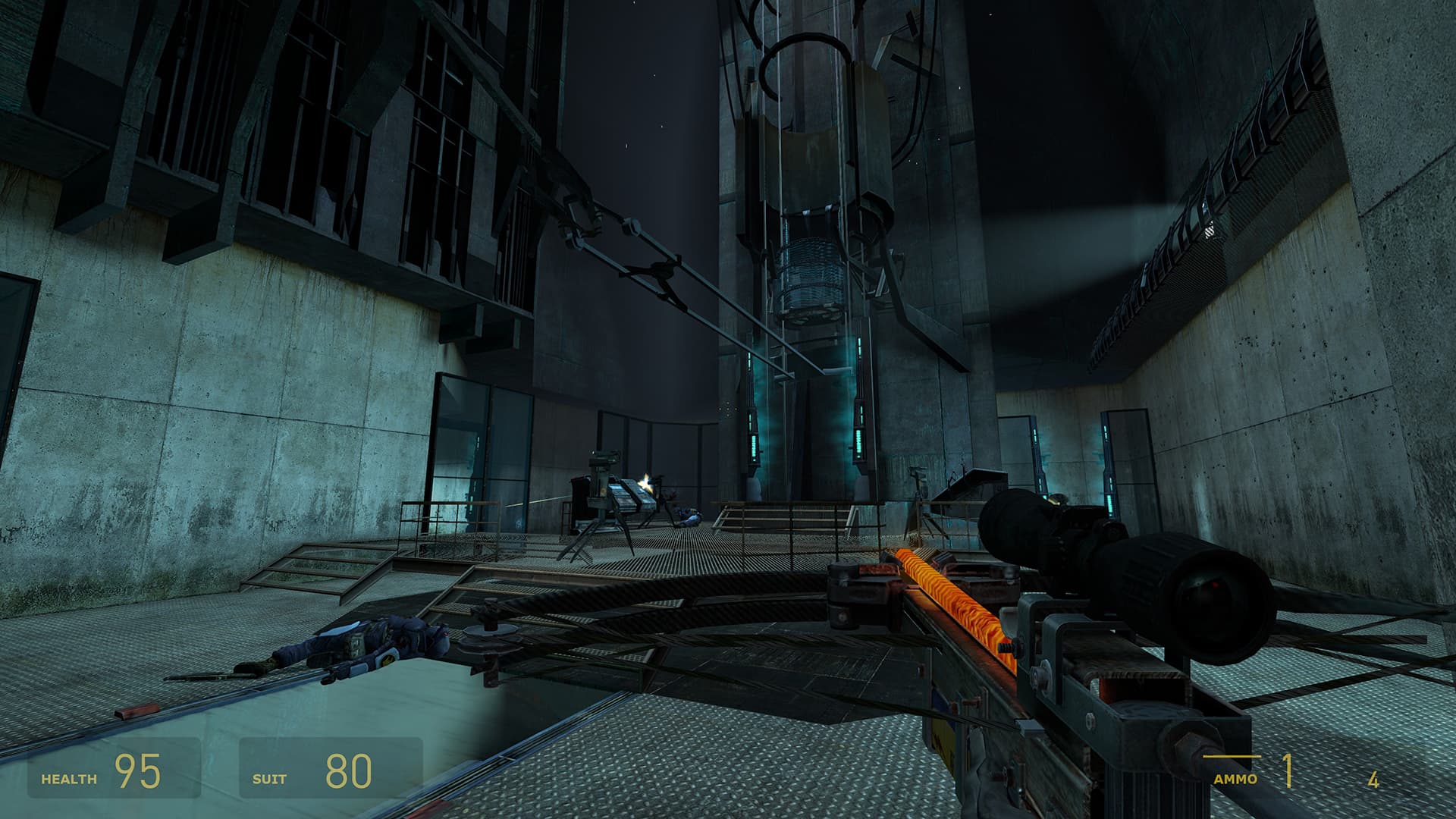 A screenshot from Half-Life 2. At Nova Prospekt's Combine portal, two sentry guns stand guard and one fires as Gordon and Alyx stand nearby.