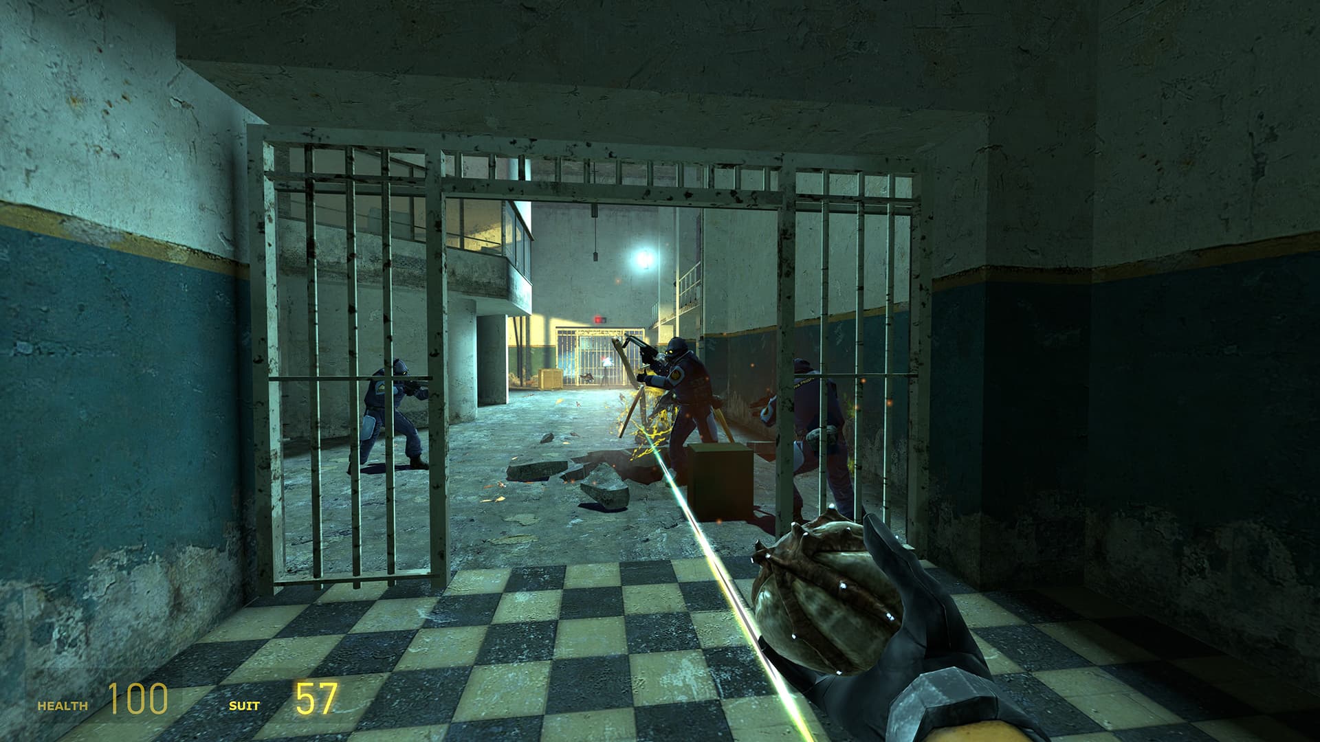 A screenshot from Half-Life 2. At Nova Prospekt, soldiers flank an antlion that's attacking another soldier while a sentry gun fires at the player, who is holding an antlion pheropod, a.k.a. bug bait.