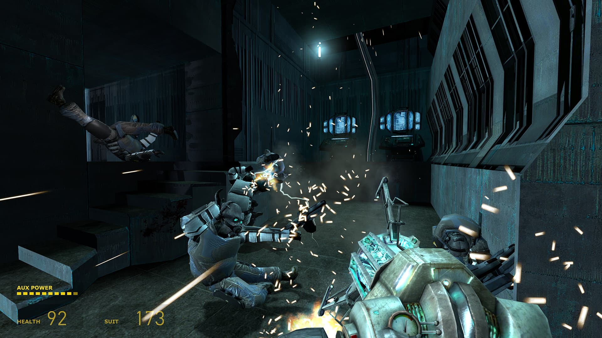 A screenshot from Half-Life 2. The bodies of Combine soldiers fly through the air at the Citadel after the player, as Gordon Freeman, punts one with their supercharged Gravity Gun.