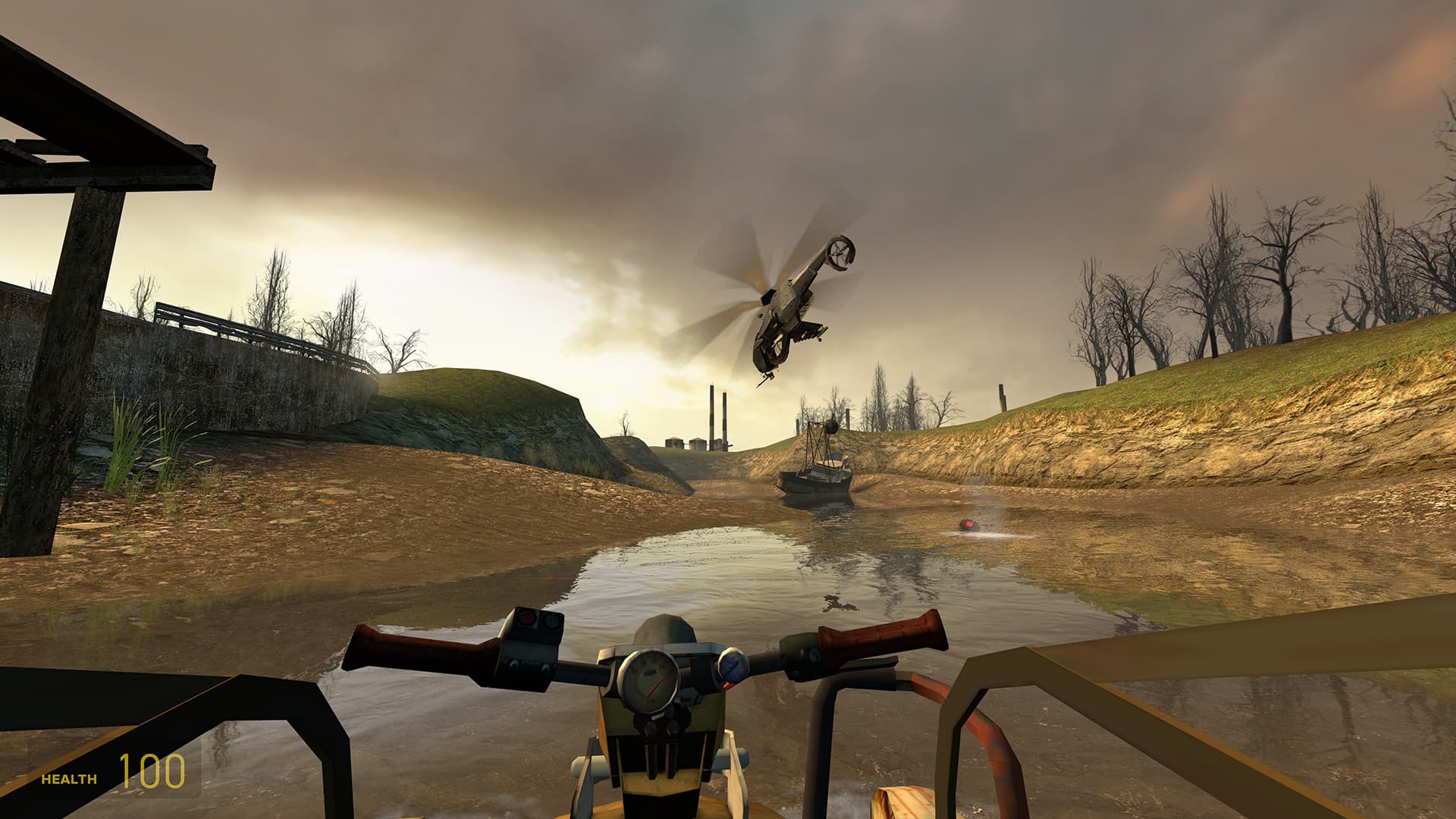 A screenshot from Half-Life 2. The player, piloting an airboat, traverses the canals as a Combine Hunter-Chopper drops mines in front of them.
