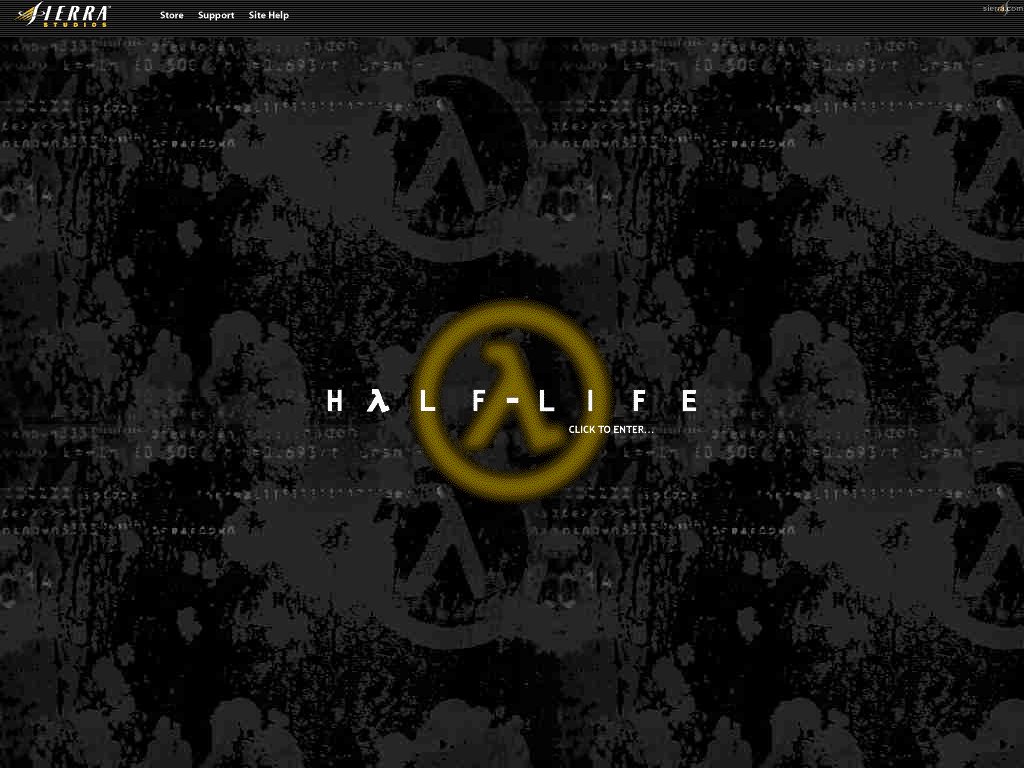 The home page of the first Half-Life site, created by Sierra Studios. The page has a tiled black and gray background with a decal pattern of the Half-Life logo. In the middle of the screen there is the Half-Life logotype, with the lambda logo itself blurred beneath it, and a "click to enter" message.