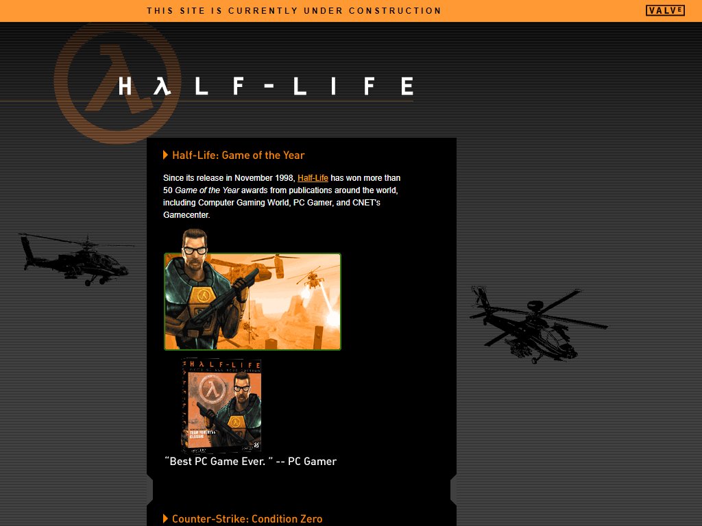 Valve's Half-Life website circa 2002. A gray halftone background with two images of an Osprey military aircraft, with the Half-Life logo atop the page. The content summarizes Half-Life's 50 Game of the Year awards and mentions Counter-Strike: Condition Zero. An orange bar at the top indicates that the site was still under construction at the time.