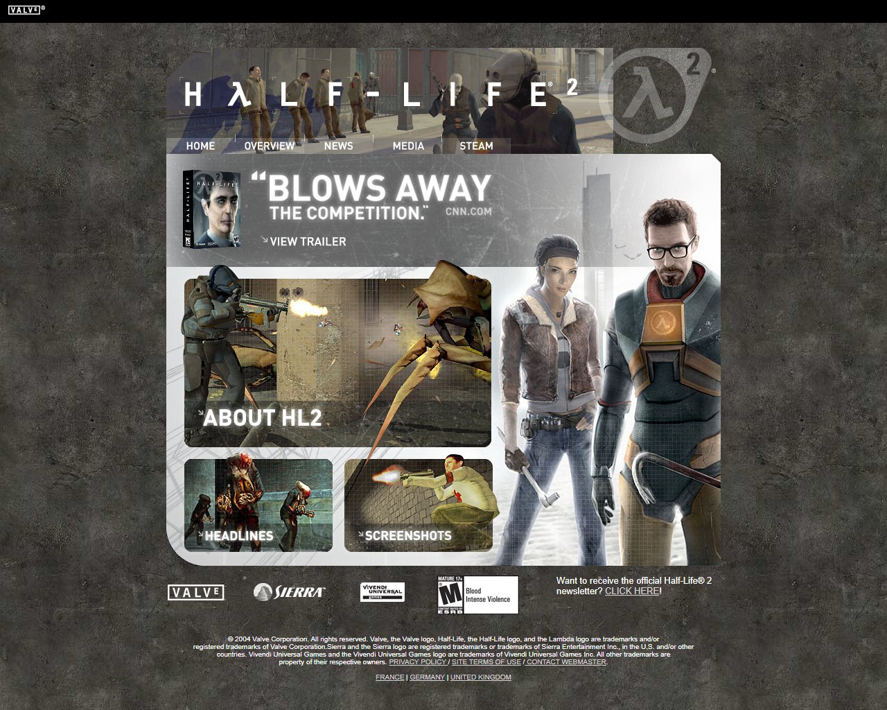 Valve's Half-Life 2 website home page, circa 2004. A grey concrete background with a layout of images from the game linking to various sections of the site, as well as a quote by CNN praising the game and some concept art.
