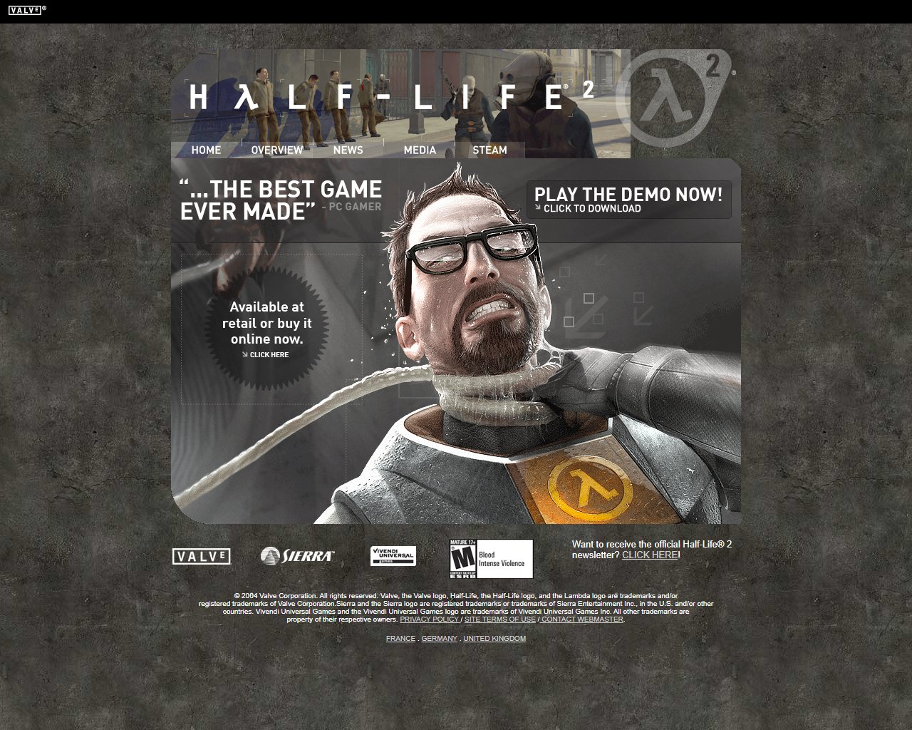 Valve's updated Half-Life 2 website home page, circa 2005. Similar to the previous layout, but now with just a link to buy the game at retail or online and different concept art, as well as a link to download the demo.