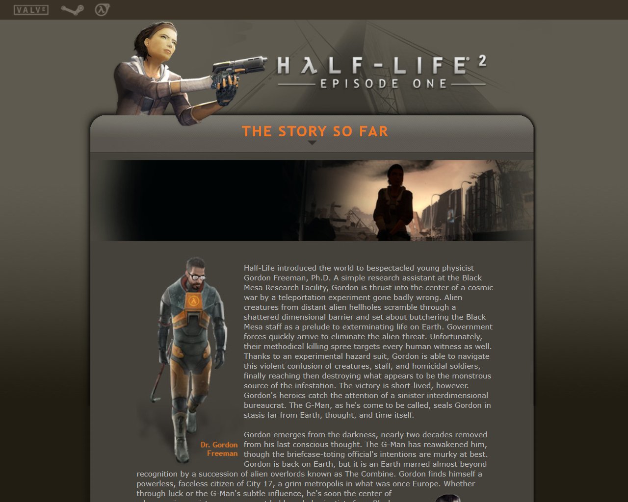 The Half-Life 2: Episode One website's story page, featuring a detailed overview of the story so far in the Half-Life series up to Half-Life 2: Episode One.