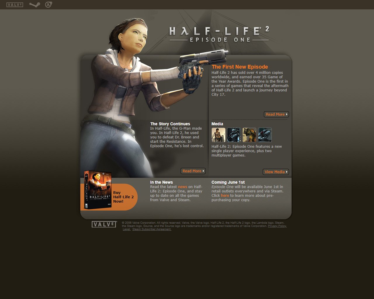 Half-Life 2: Episode One's website home page, circa April 2006. A gray and brown gradient background with a grid of sections featuring concept art of Half-Life 2 deuteragonist Alyx Vance, with links to a story section, a media page and an overview section, as well as links to buy the game, pre-purchasing information and latest news.