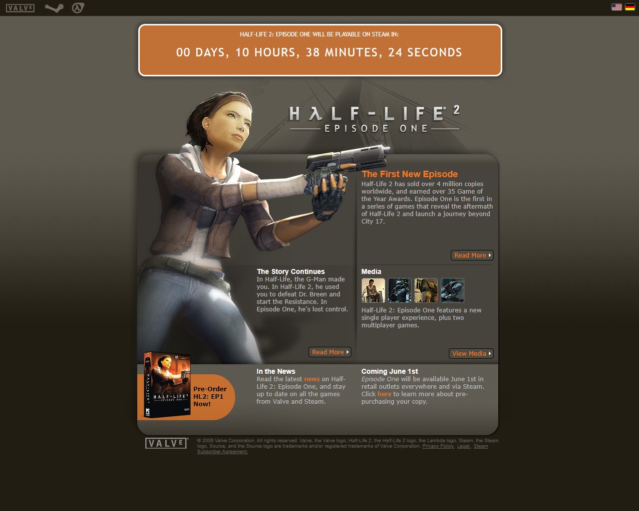 The Half-Life 2: Episode One website circa June 1, 2006 features a big orange banner on the top with a countdown to when the game will be playable on the Steam digital store.