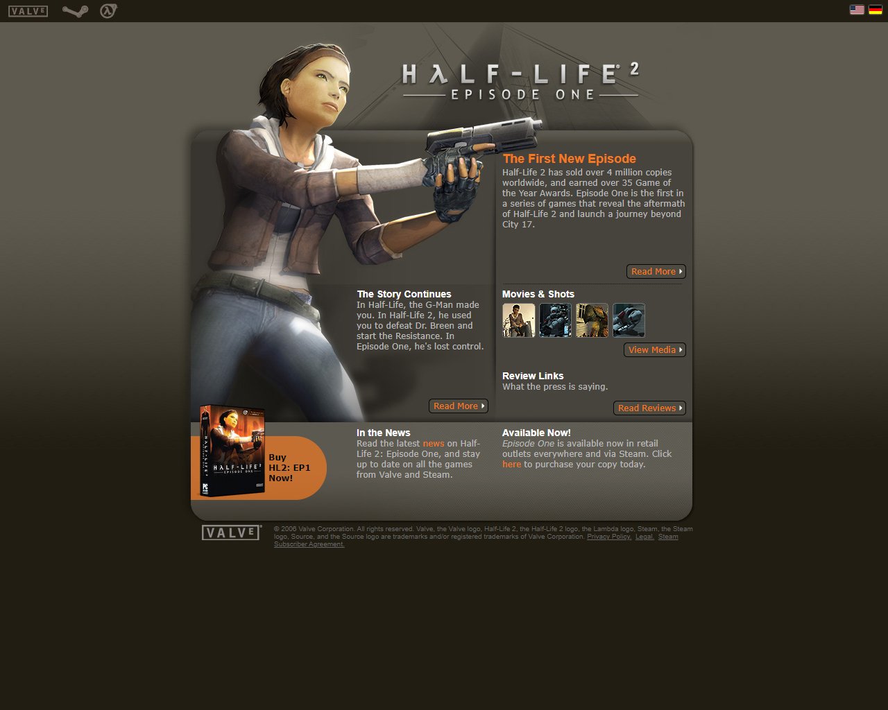 The Half-Life 2: Episode One website home page, circa June 2006 to 2007. Virtually identical to how it was before, but with an indication that Episode One is available now.