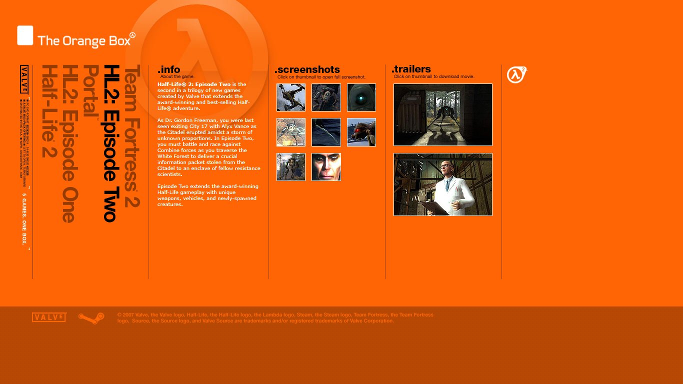 The Half-Life 2: Episode Two page of the Orange Box website. The layout remains consistent with the home page, with the addition of three columns: one for information about the game, one for a gallery of screenshots and one for two trailers of the game.