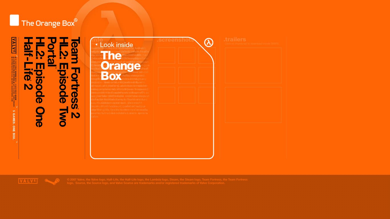 The Orange Box website home page, circa August 2007. The website is a horizontal full-screen page, with a stark orange background, a Half-Life logo and a minimalist design of a section with a white border. A list of the games included in the collection (Half-Life 2, HL2: Episode One, Portal, HL2: Episode Two and Team Fortress 2) is to the left, with links to each page.