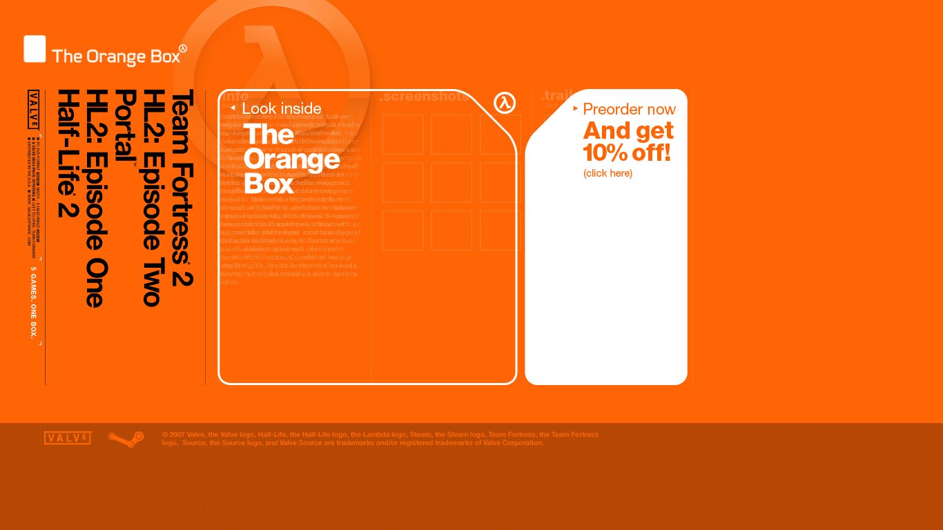 The Orange Box website home page, circa October 2007. The existing layout gets an additional column in white, contrasting with the orange background, telling the user to preorder now and get ten percent off, with a link to the Steam page.
