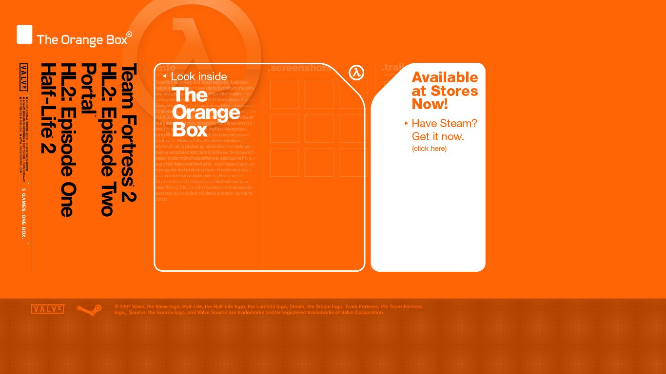 The Orange Box website home page, circa October 2007 post-launch. The white column now states that the Orange Box is available at stores now and declares that if you have Steam, you can get it now, with a link to the Steam page.