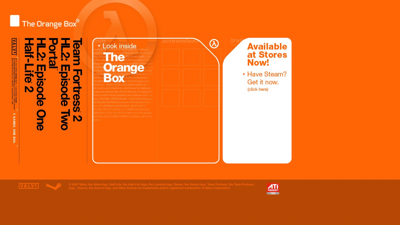 The Orange Box website home page in late 2007. The site footer now has a logo for ATI Radeon graphics.