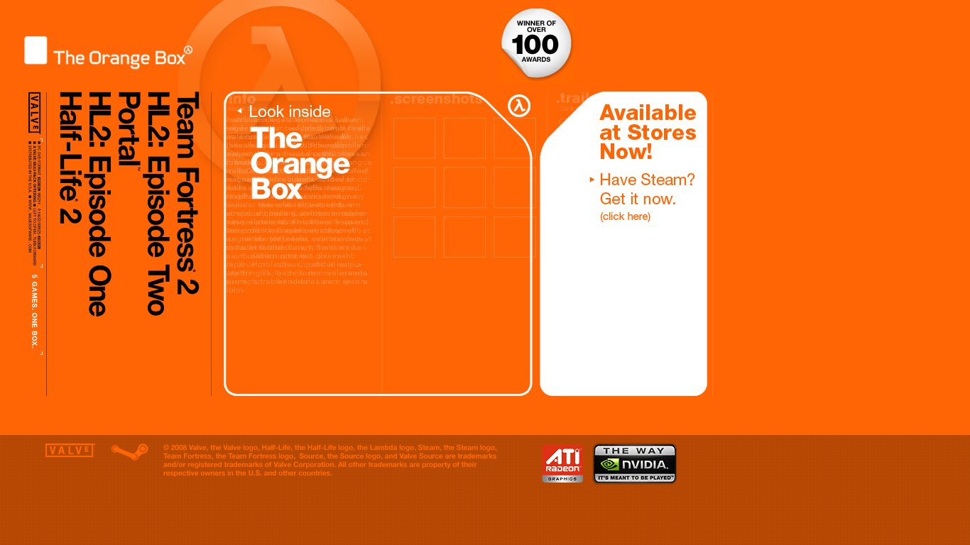 The Orange Box website home page, circa March 2008. The existing layouts get an additional stamp at the top stating that the Orange Box is the winner of over 100 awards.