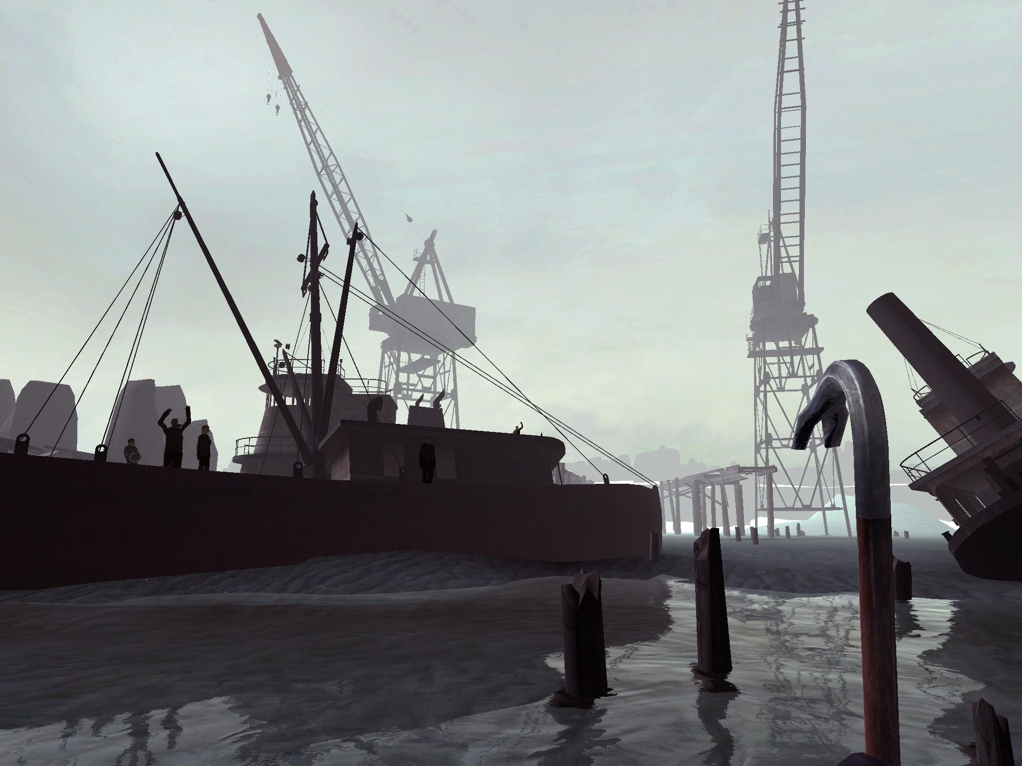The player, holding a crowbar, oversees a dried-up dock with beached ships, one of which contains a few civilians and a child, and cranes in the background.