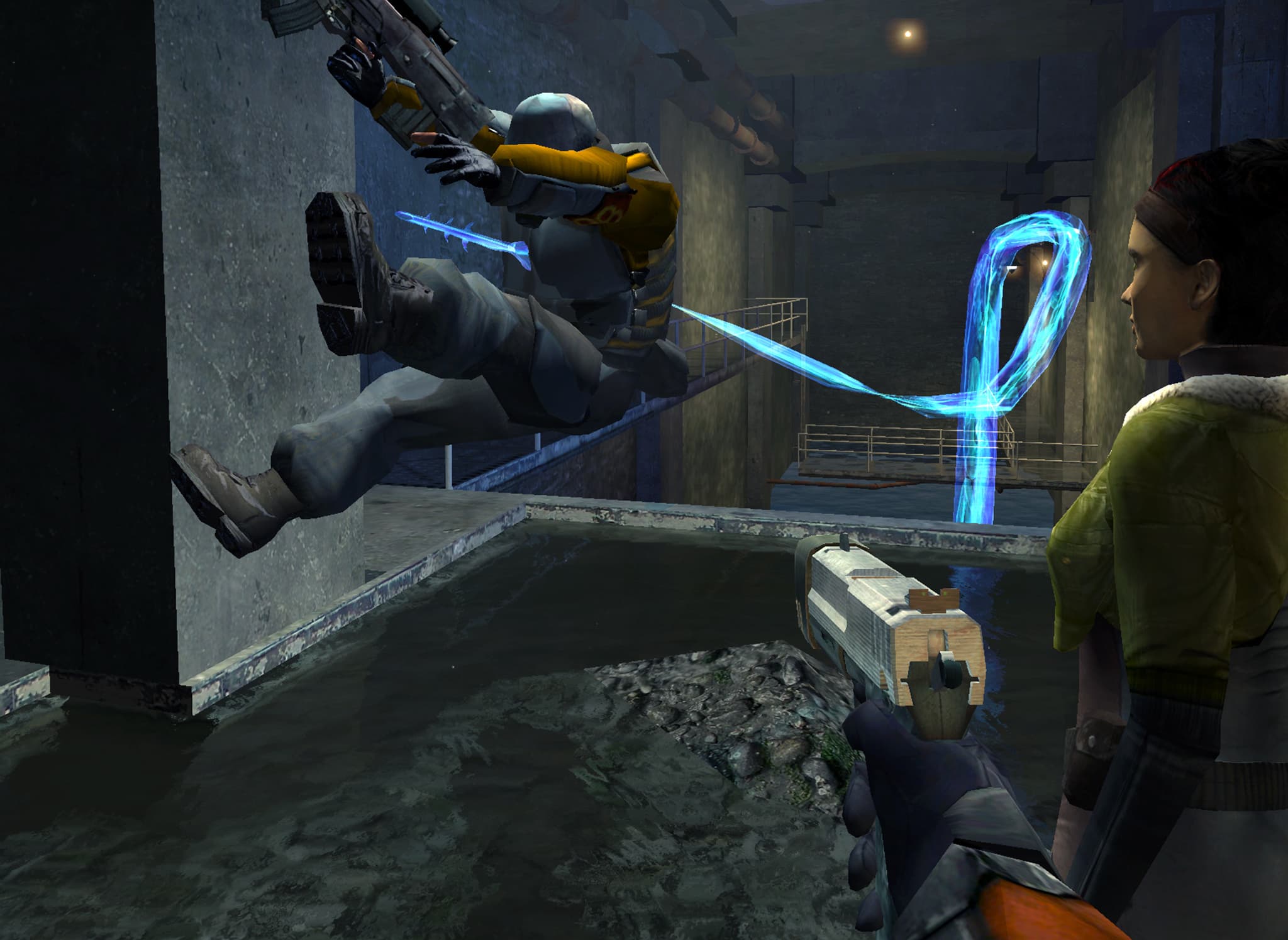 In the sewers, a glowing blue tentacle spears through the chest of an early model of a Combine soldier as the player and Alyx Vance, the latter wearing a blue and purple bodysuit and a green vest, watch.