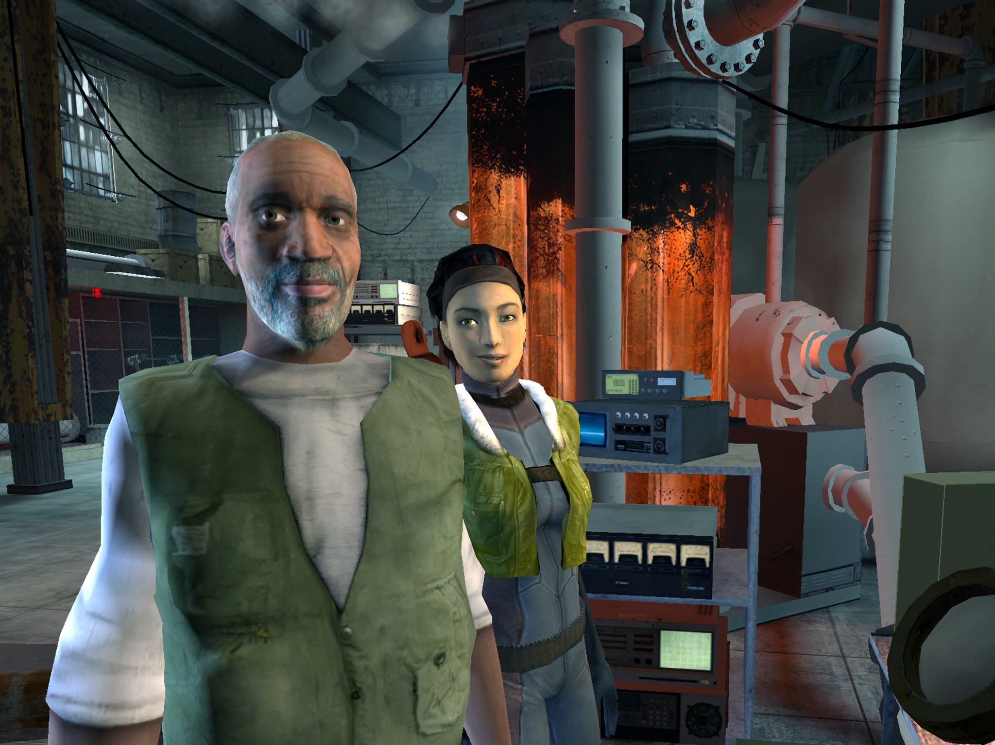 Early versions of Doctor Eli Vance and his daughter Alyx Vance stare at the player in Doctor Kleiner's laboratory. Eli is wearing a green vest over a white shirt and Alyx is wearing a skin-tight blue and purple bodysuit with a green jacket over it.