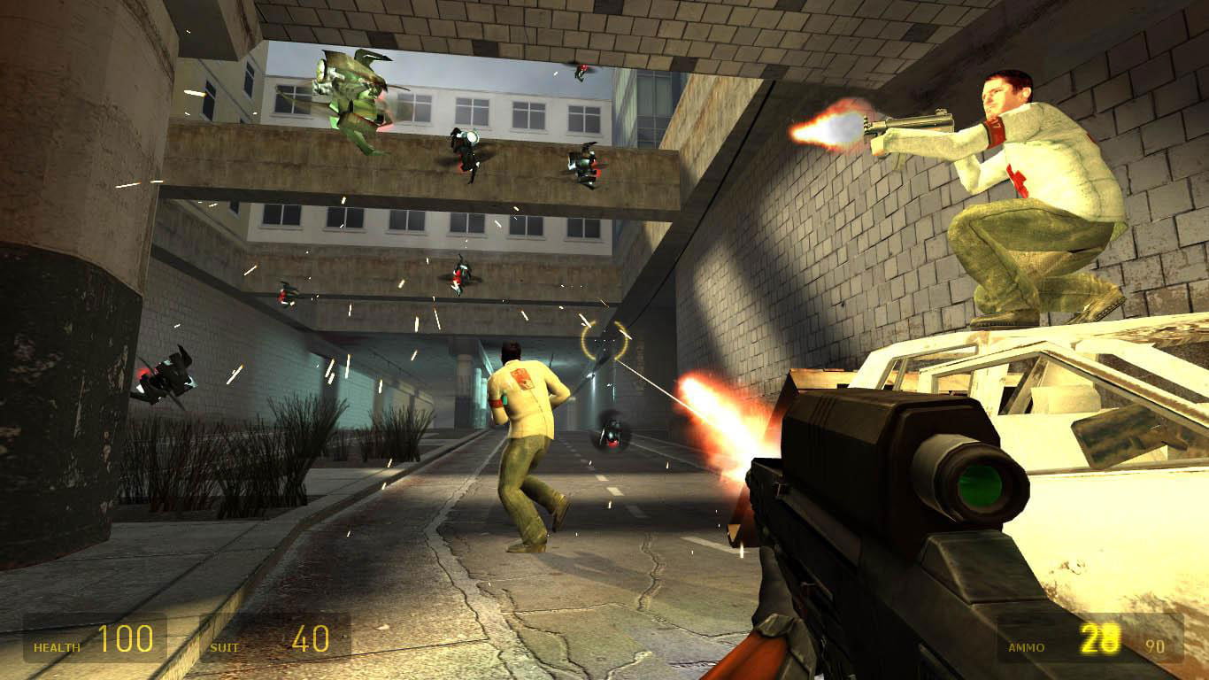 The player and a citizen wearing a white shirt with a red cross sign fire their weapons at flying buzzsaws called manhacks in a passageway while another citizen runs away.