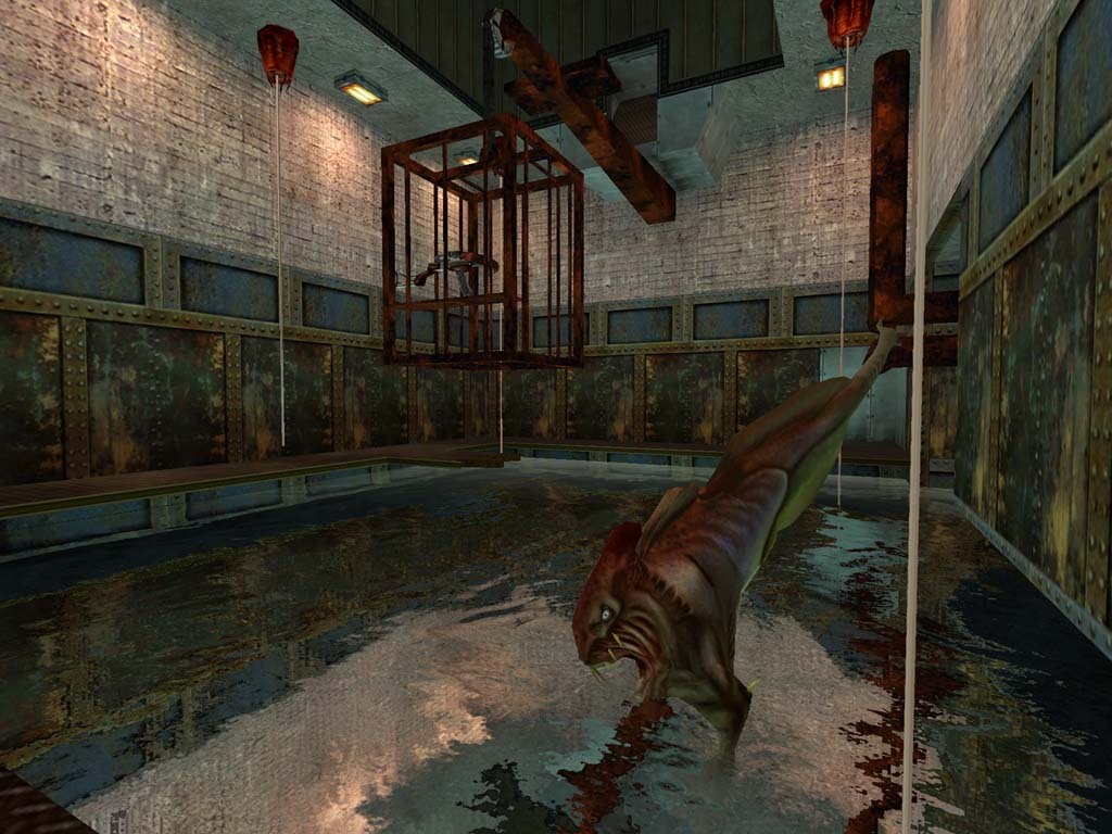 A screenshot from Half-Life: Source. An ichthyosaur leaps into highly reflective water, showcasing the Source engine's improved water effects.
