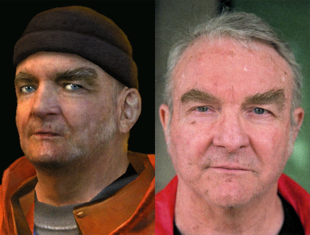 On the left, a character model of an older man with grey stubble, a beanie and an orange survival suit. On the right, the reference photo of the real-life person the character was based on, without a beanie.
