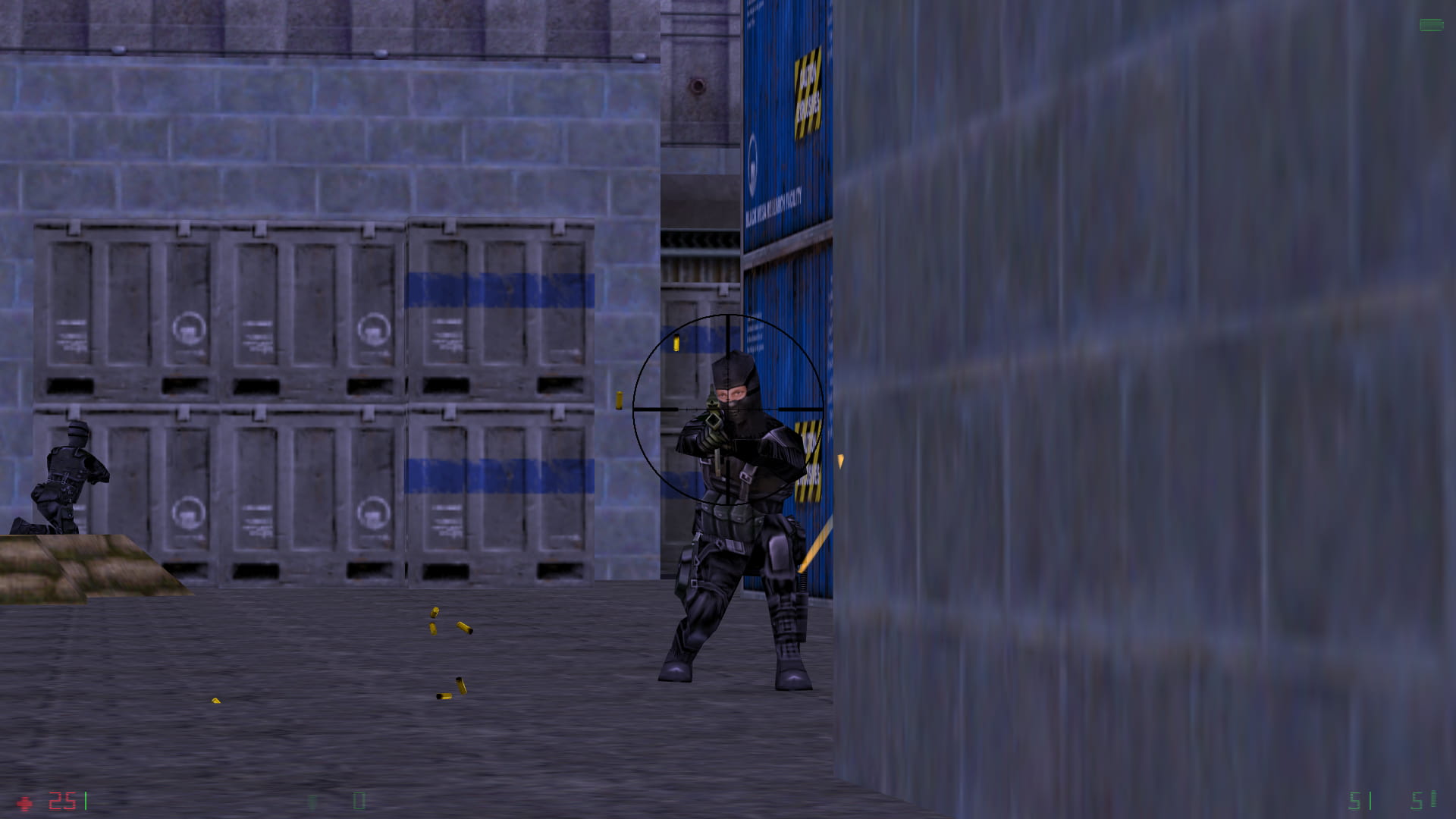 A screenshot of Half-Life: Opposing Force. The player aims through the scope of their sniper rifle at the head of an enemy Black Ops soldier.