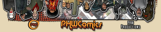 A banner image for PHWComics featuring, from left to right, Jumbo the Clown, Father Grigori, Leonard from Ravenholm Armory, Afro Zombie, Michael from Ban Wars, Alyx Vance, Jeff, Geremy Tibbles, the protagonist of Freak Show and John-Matrix.