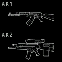 Two icons in a column. The first is labelled AR1 and depicts an AK-47 automatic rifle. The second is labelled AR2 and depicts an Objective Individual Combat Weapon, a large assault rifle with a scope and a grenade launcher.