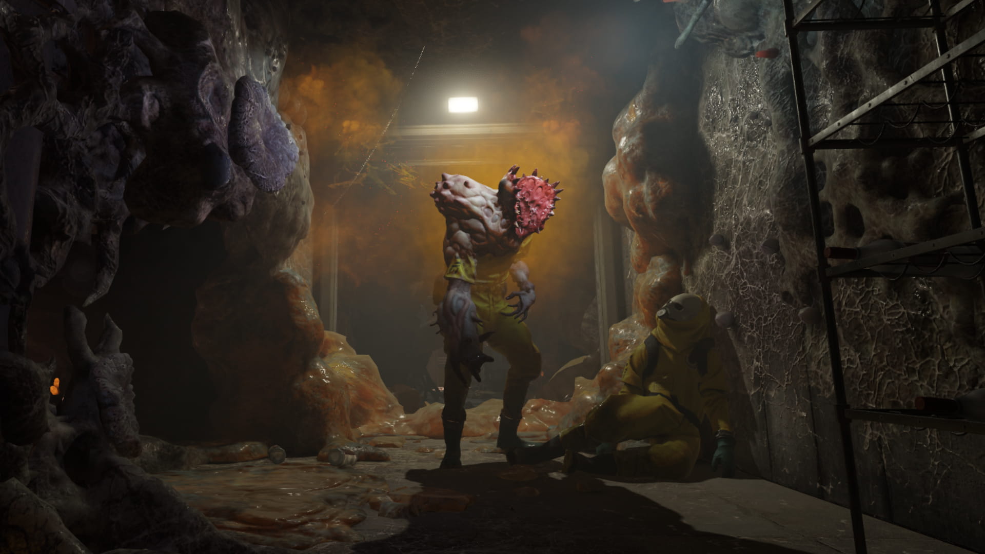 A screenshot of Half-Life: Alyx. Jeff, a mutated creature with a Venus flytrap mouth where a human head used to be, stands in a corridor of the distillery.