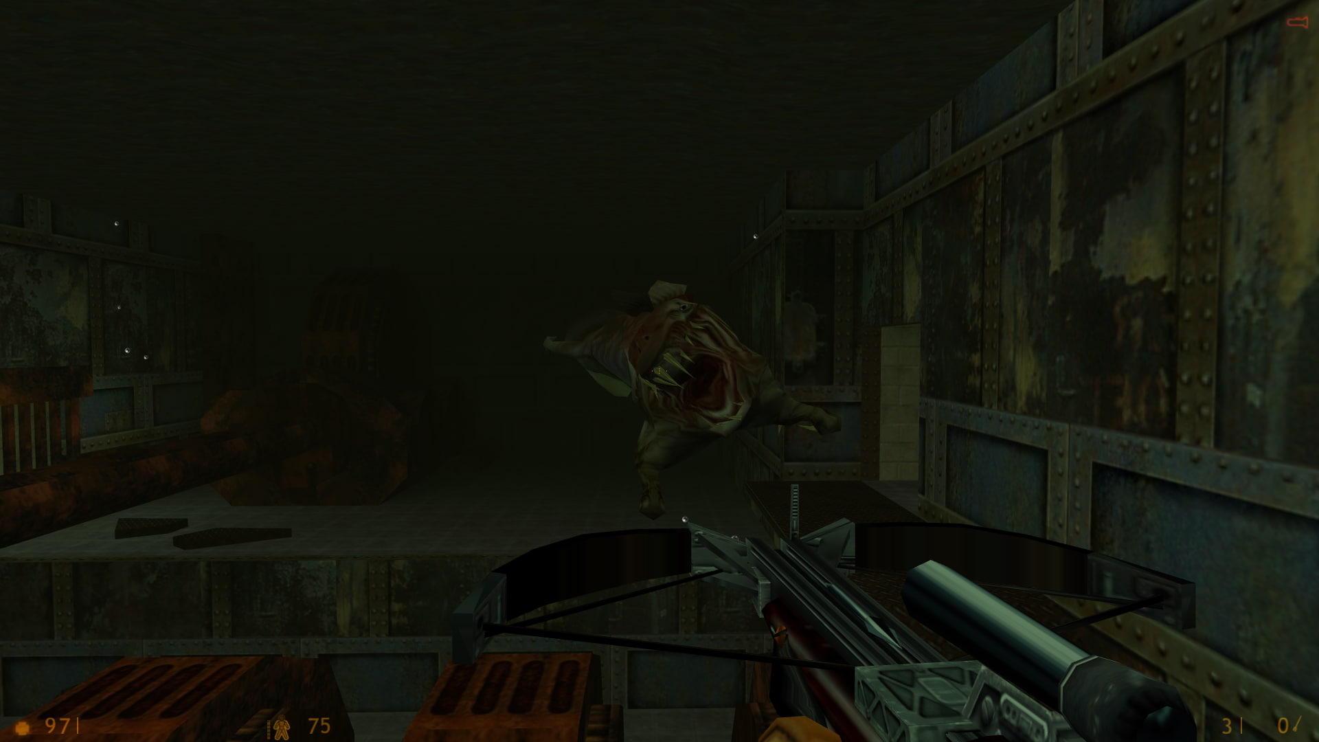 A screenshot of Half-Life. An ichthyosaur, a shark-like alien sea creature, swims towards the player with its mouth open in dark, muddy waters.