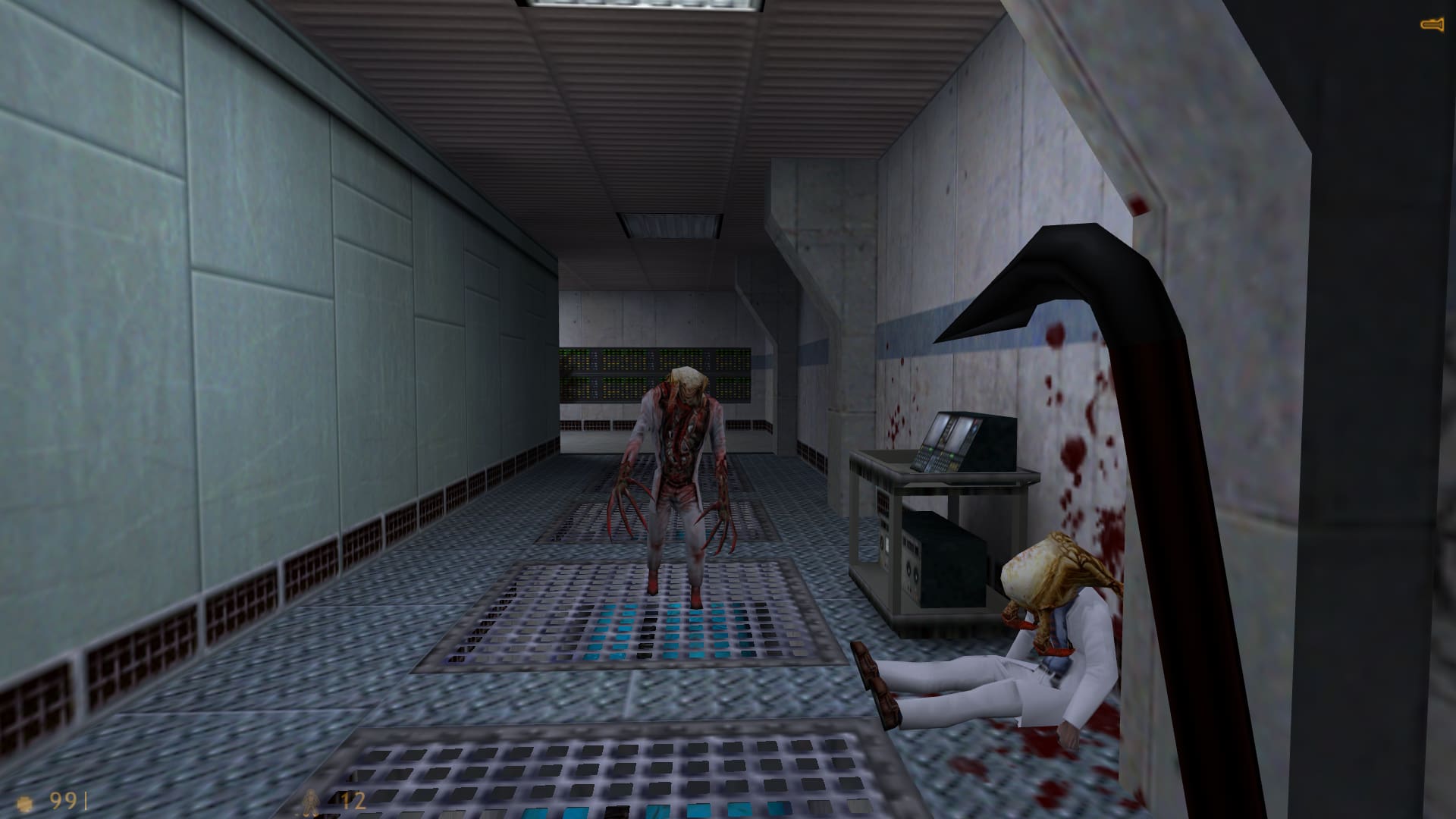 A screenshot of Half-Life. A headcrab zombie walks towards the player as another headcrab chews on the head of a scientist in the corridors of Anomalous Materials labs.