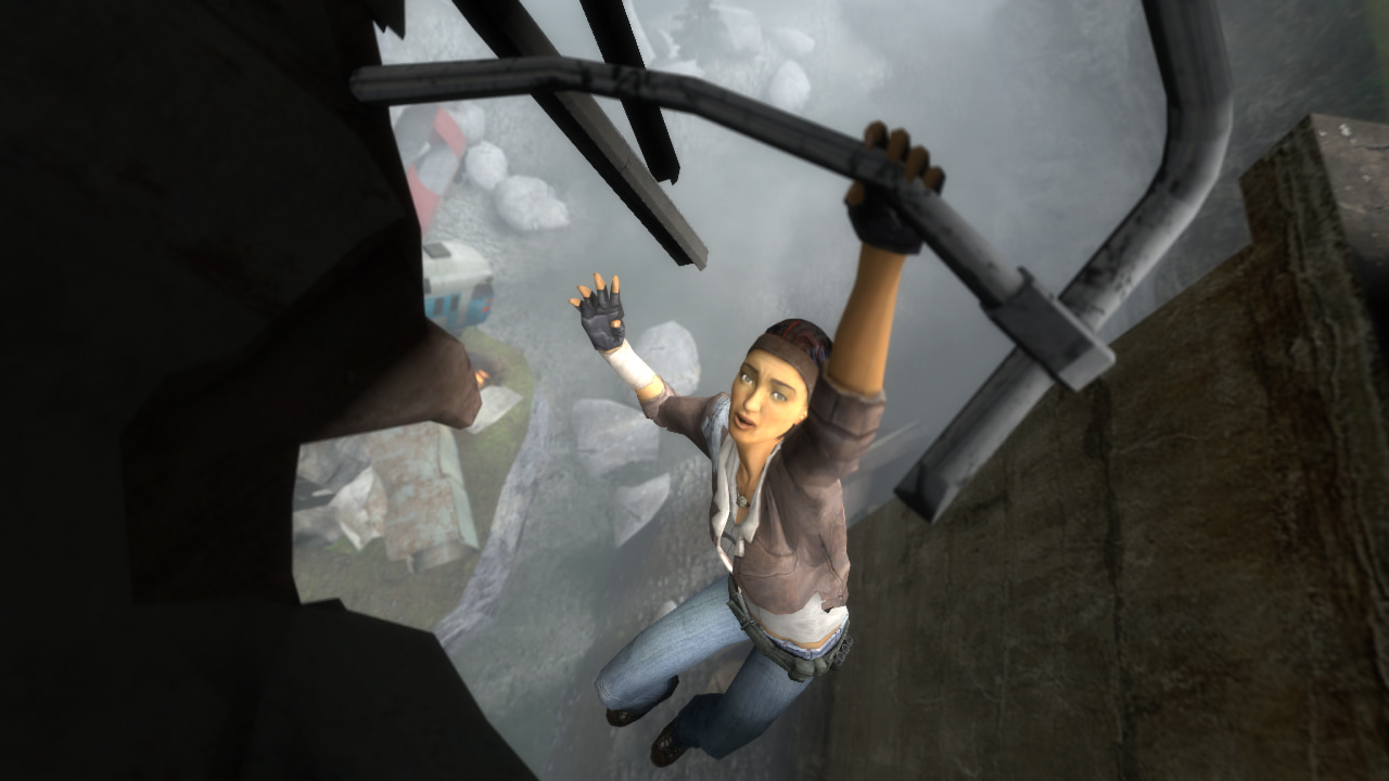 A pre-release screenshot of Half-Life 2: Episode Two. Alyx Vance hangs by her hand from rebar of a train wreck over a cliff that leads to a river below.