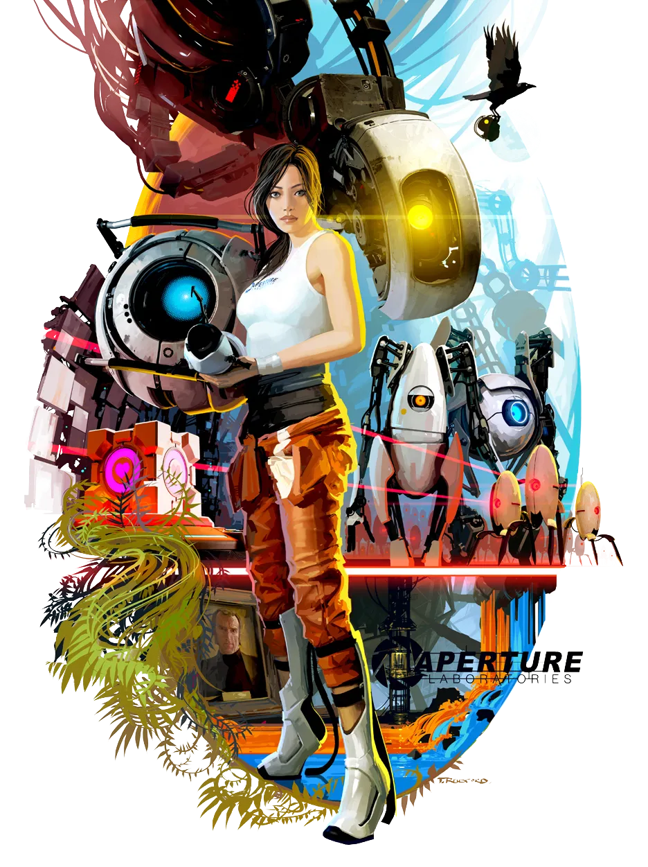 A Portal 2 poster with Chell, ATLAS, P-body, GLaDOS, Wheatley, a painting of Cave Johnson, potatOS and Aperture sentry turrets.
