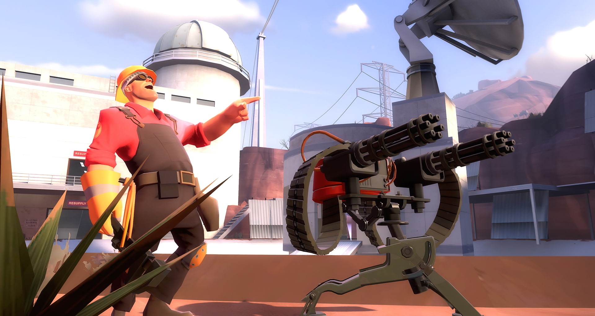 A pre-release screenshot of Team Fortress 2. A RED team Engineer points and laughs next to a level two sentry gun in the map Hydro.