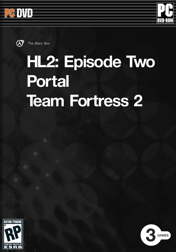 A black PC DVD box with the title 'The Black Box' listing three games: HL2 Episode Two, Portal, Team Fortress 2.